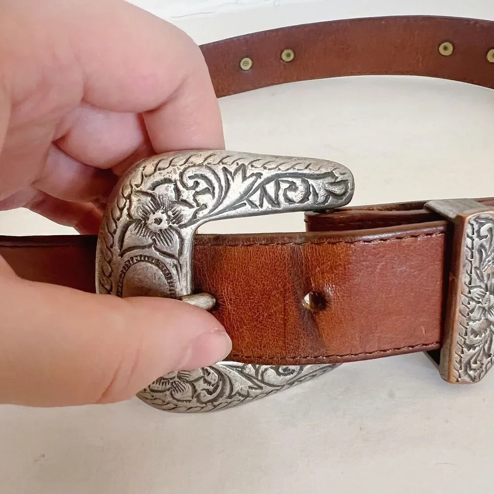 Vintage Brown Leather Belt Floral Engraved Western Country Size 30